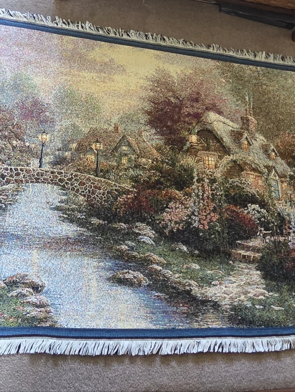 Thomas Kinkade Lamplight Bridge Tapestry Throw Blanket 42 x 62 USA Art Painting